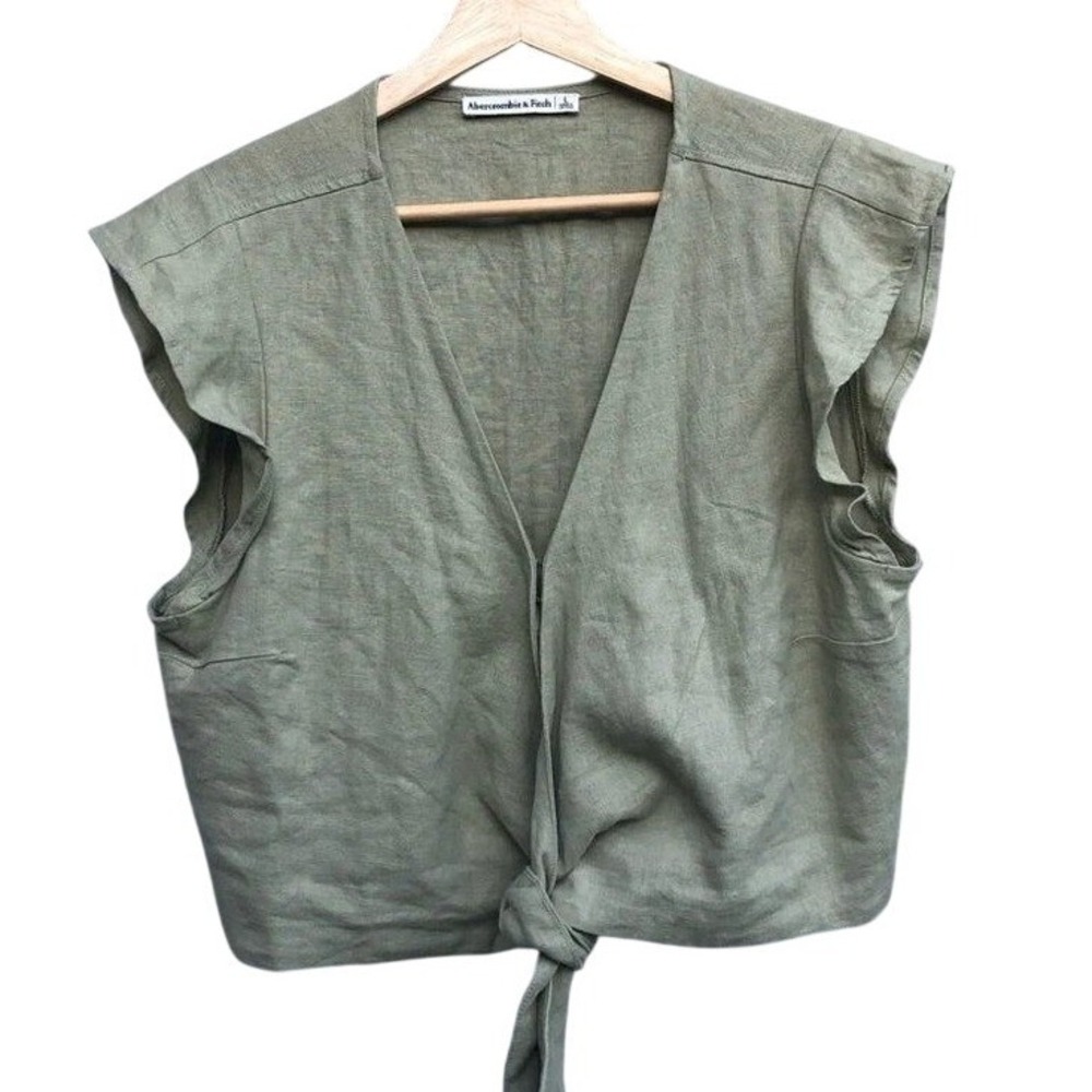 Abercrombie & Fitch Olive Linen Blend Tie Front Crop Top Women's Small